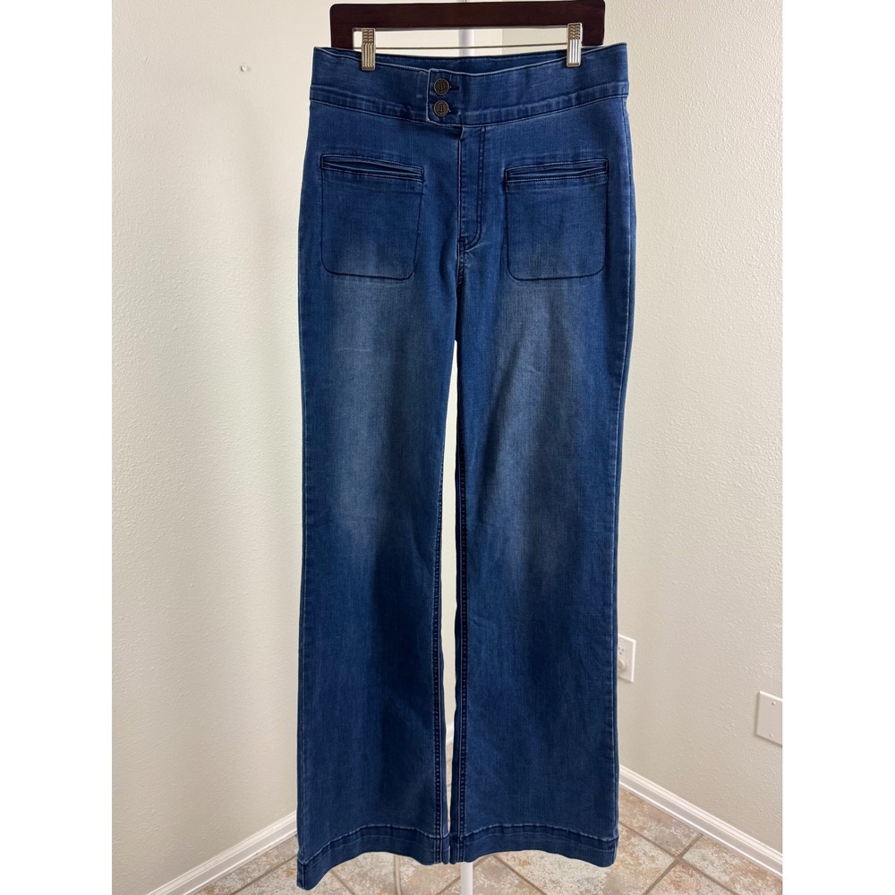 Betabrand Dress Pant Yoga Pants Wide Leg Denim Jeans Blue Large Long